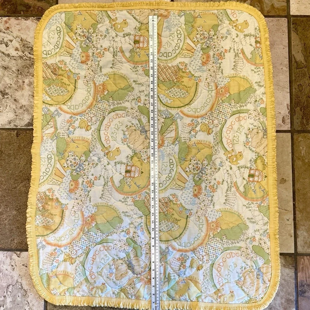 VTG 80s Yellow Baby Blanket Quilt Sears Roebuck & Co Perma-Prest ABC Cat Dog